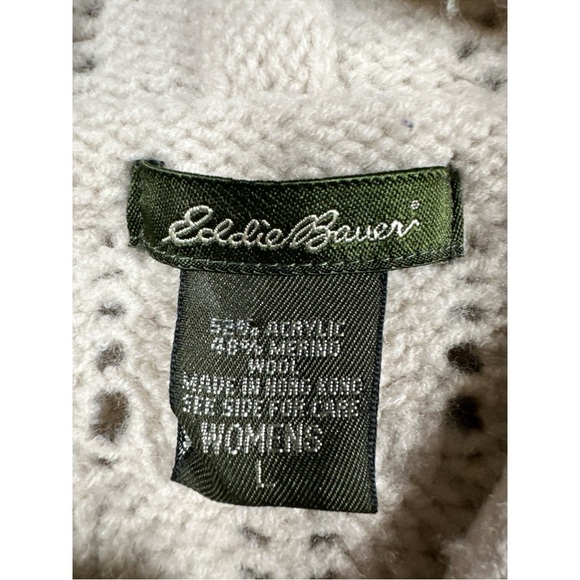 Eddie Bauer Wool Blend Cardigan Sweater Wood Toggle Buttons Cream Large Hood - Picture 9 of 9